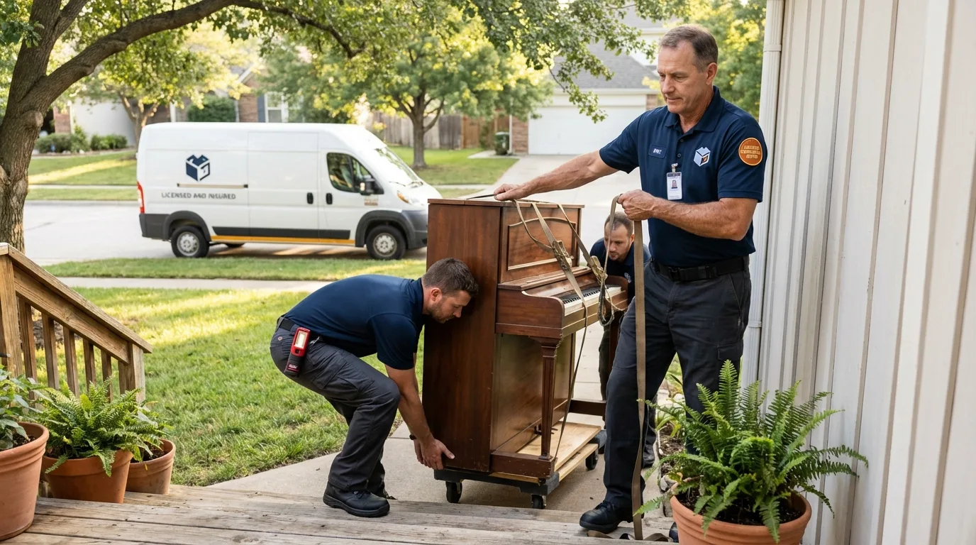 Licensed piano movers securing grand piano in Fredericksburg, VA