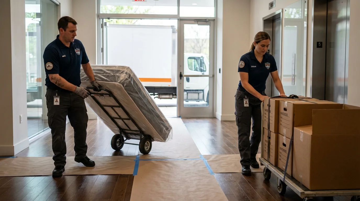 Professional apartment movers loading elevator in Fredericksburg, VA