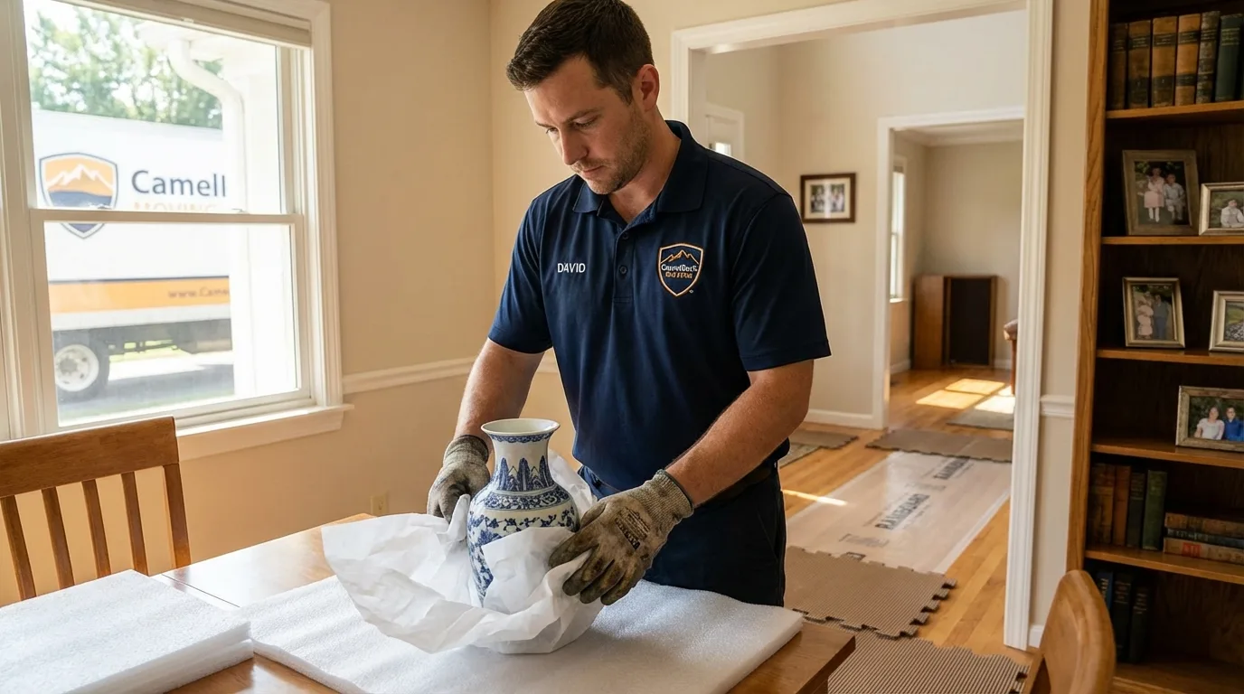 Professional crew carefully wrapping antique vase for senior downsizing move in Fredericksburg, VA